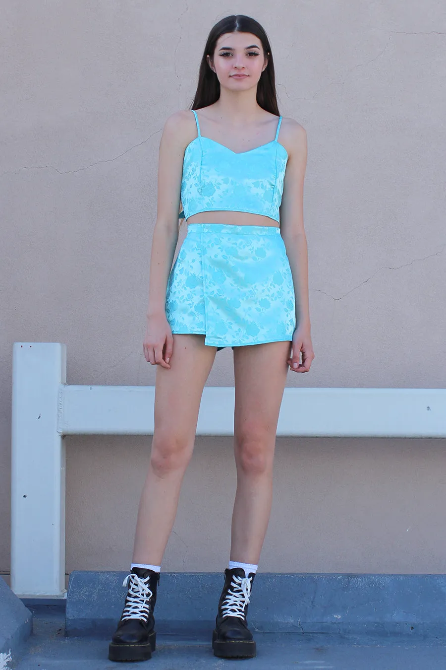 Adjustable Cami Top - Baby Blue Satin with Roses