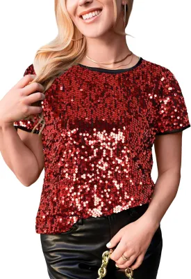 Anna-Kaci Women's Sparkly Sequin Top Short Sleeve Glitter Concert Party Disco Shirt Blouse