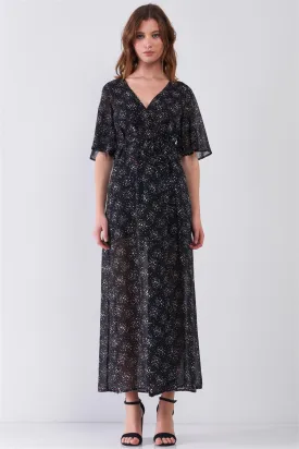 Astra Black Multicolor Star Print Wrap Front Flare Sleeve V-Neck Self-Tie Waist Slit Maxi Dress /1-3-2
