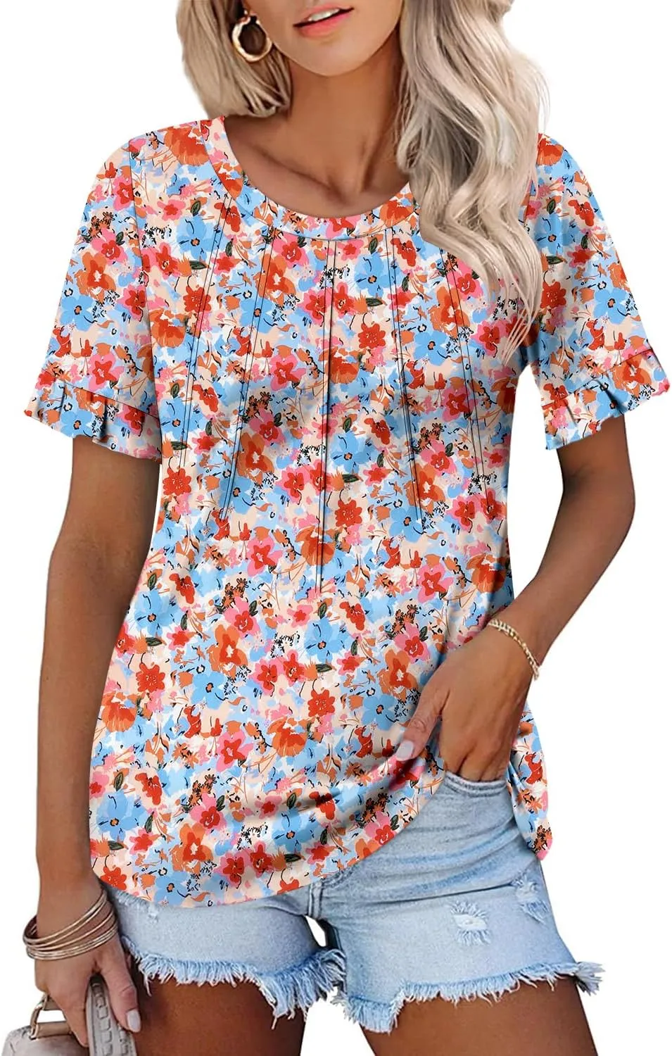 BETTE BOUTIK Womens Short Sleeve Summer Tops Pleated Tunic Tops Shirt S-3XL