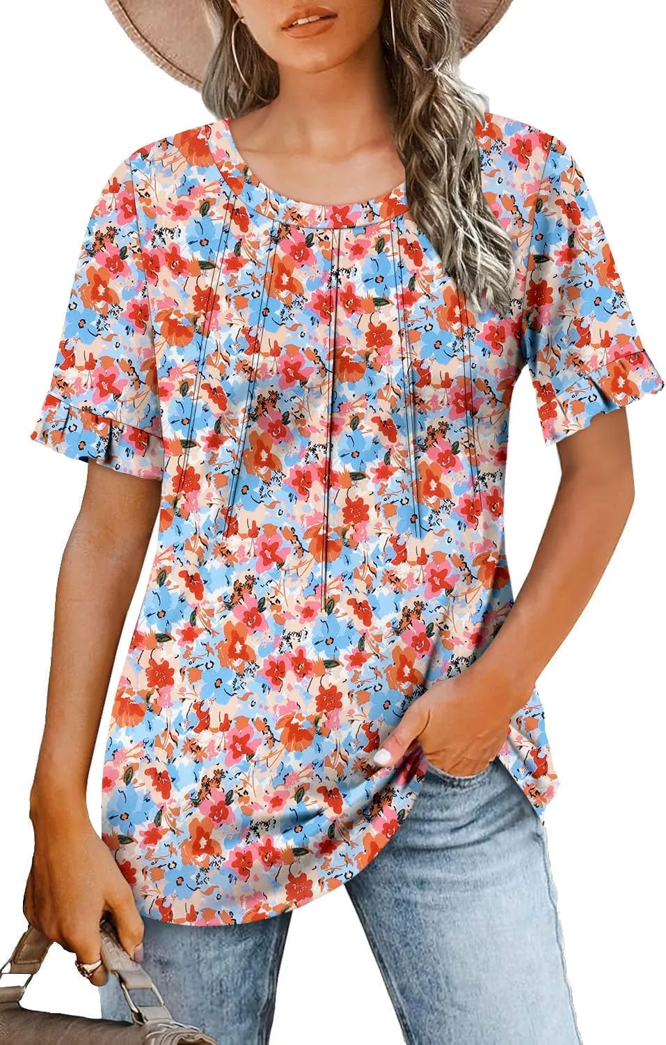 BETTE BOUTIK Womens Short Sleeve Summer Tops Pleated Tunic Tops Shirt S-3XL