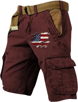 Cargo Shorts for Men Classic American Flag Printed Shorts Washed Distressed Jogging Hiking Pant with Multiple Pockets