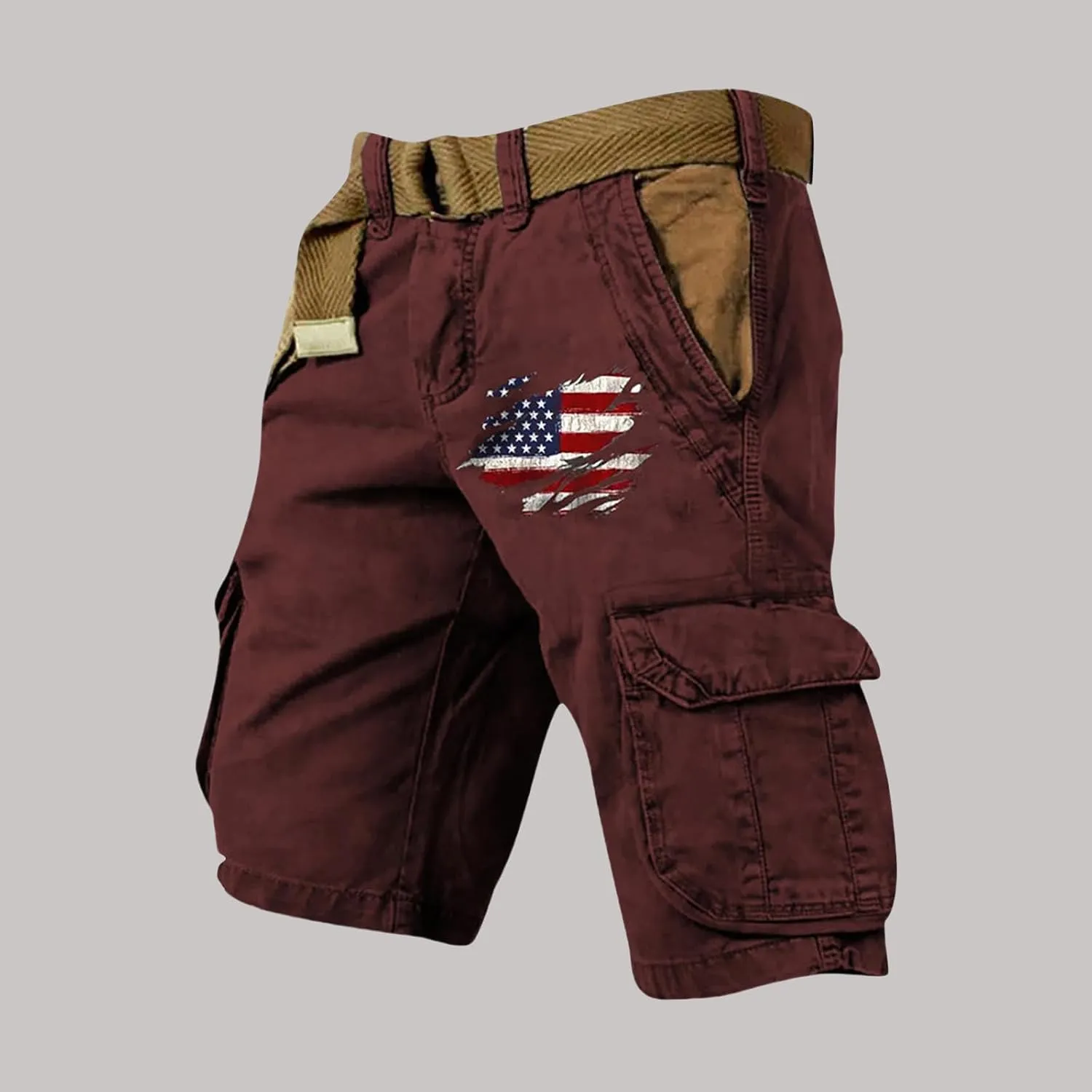 Cargo Shorts for Men Classic American Flag Printed Shorts Washed Distressed Jogging Hiking Pant with Multiple Pockets