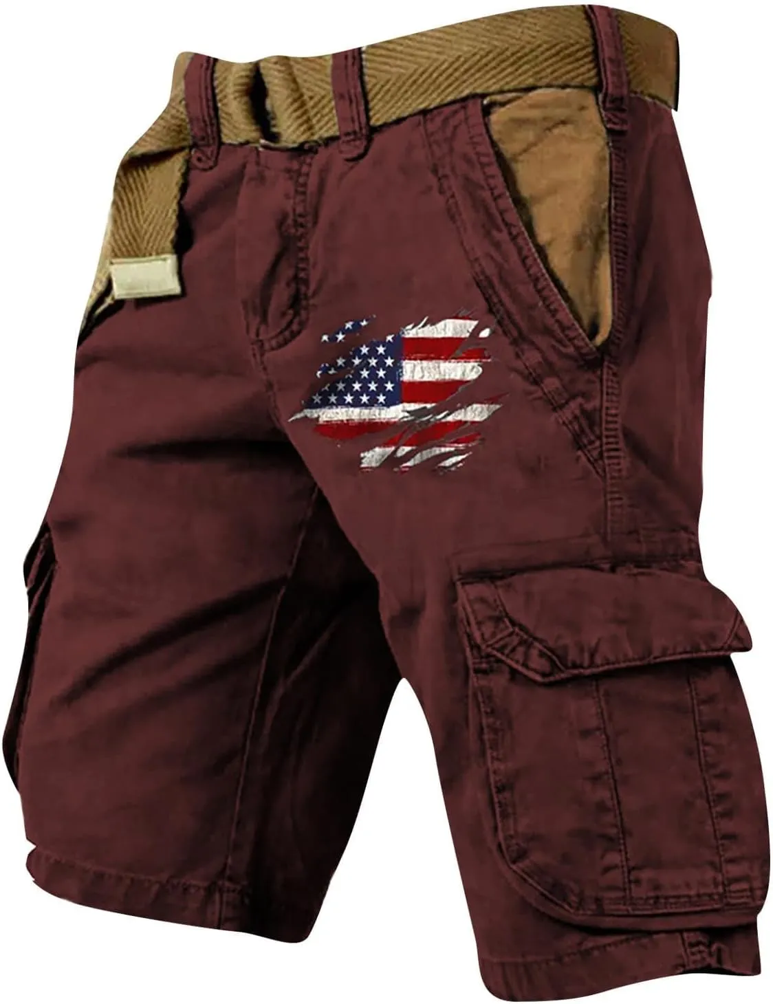 Cargo Shorts for Men Classic American Flag Printed Shorts Washed Distressed Jogging Hiking Pant with Multiple Pockets
