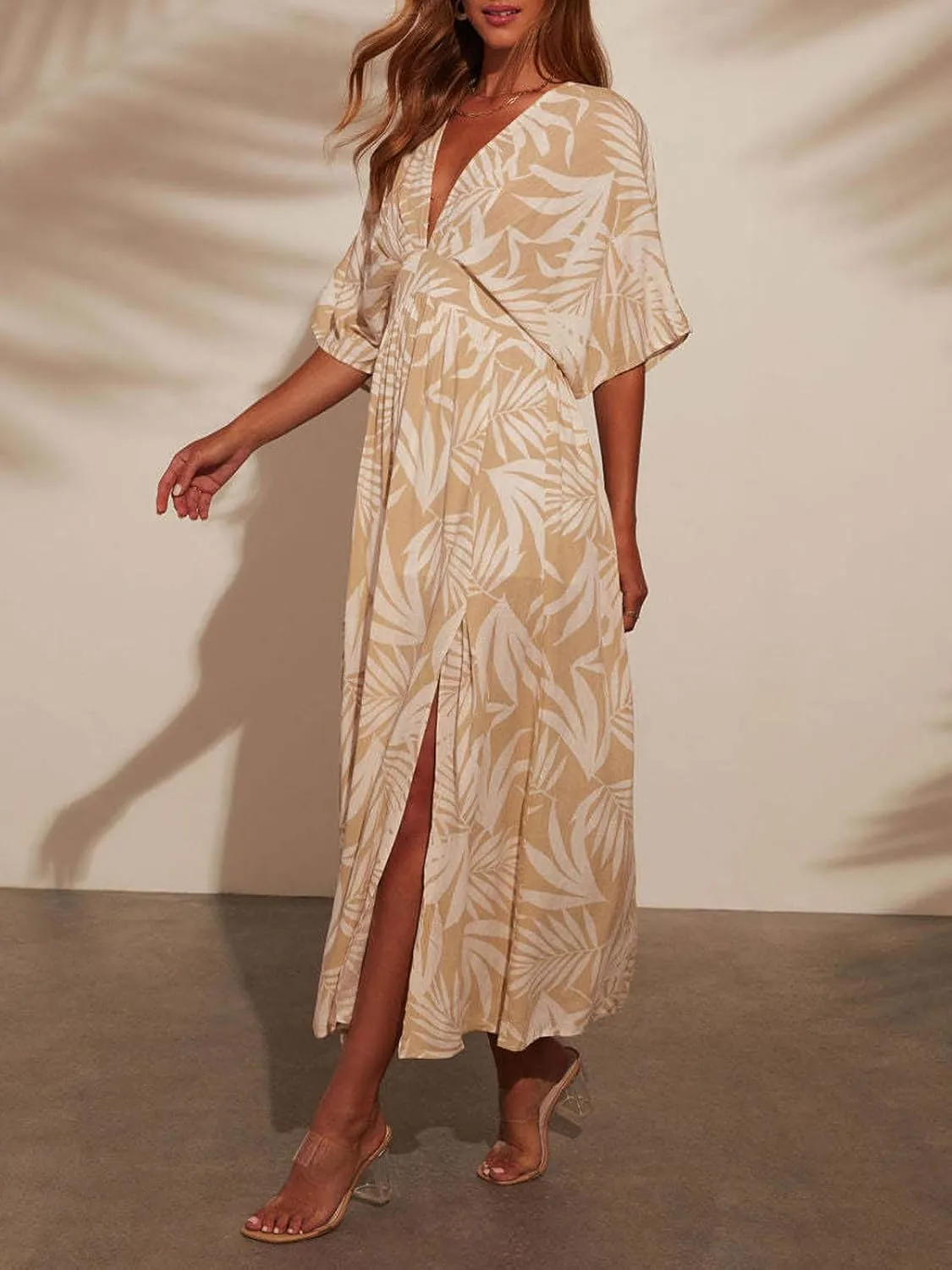 CHARTOU Women's Boho V Neck Batwing Short Sleeve Side Slit Floral Smocked Beach Maxi Long Sun Dress