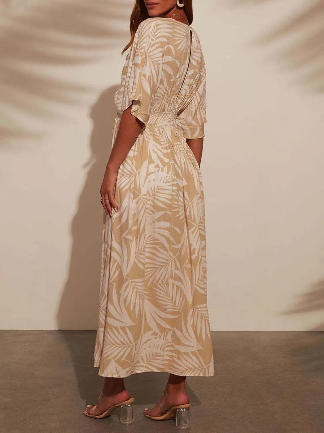 CHARTOU Women's Boho V Neck Batwing Short Sleeve Side Slit Floral Smocked Beach Maxi Long Sun Dress