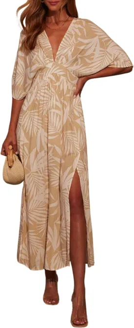 CHARTOU Women's Boho V Neck Batwing Short Sleeve Side Slit Floral Smocked Beach Maxi Long Sun Dress