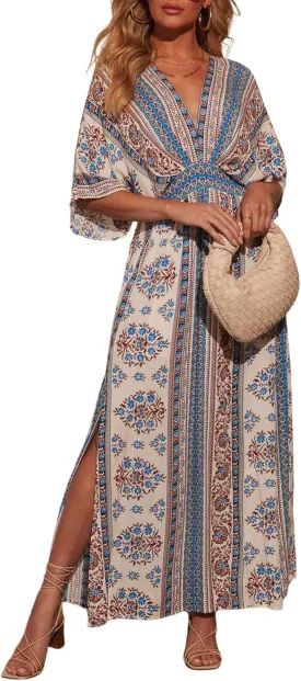 CHARTOU Women's Boho V Neck Batwing Short Sleeve Side Slit Floral Smocked Beach Maxi Long Sun Dress