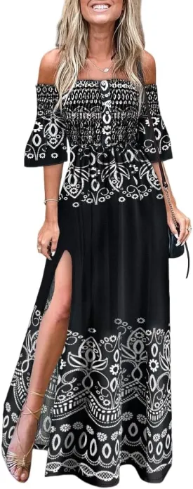 CHICME Floral Print Summer Dress for Women Boho Off Shoulder Maxi Dress Bell Sleeve Flowy A Line Smocked Beach Dresses
