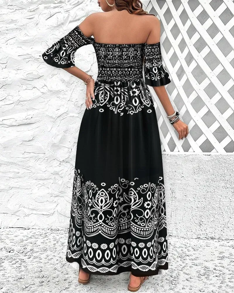 CHICME Floral Print Summer Dress for Women Boho Off Shoulder Maxi Dress Bell Sleeve Flowy A Line Smocked Beach Dresses