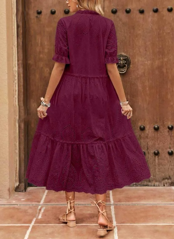 chouyatou Women's Summer Boho Embroidery Eyelet Dress V-Neck Collared Tiered Midi Tunic Dress