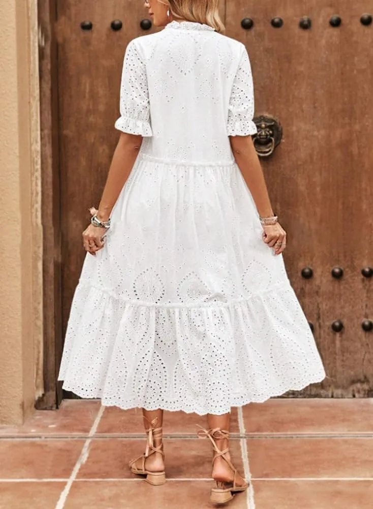 chouyatou Women's Summer Boho Embroidery Eyelet Dress V-Neck Collared Tiered Midi Tunic Dress