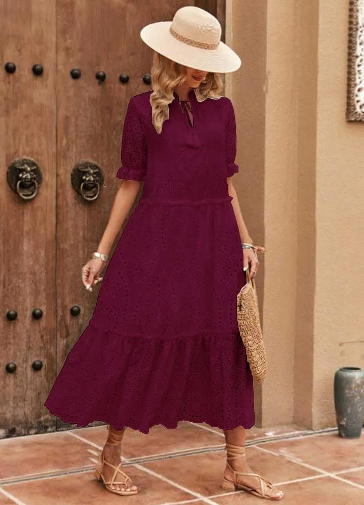 chouyatou Women's Summer Boho Embroidery Eyelet Dress V-Neck Collared Tiered Midi Tunic Dress