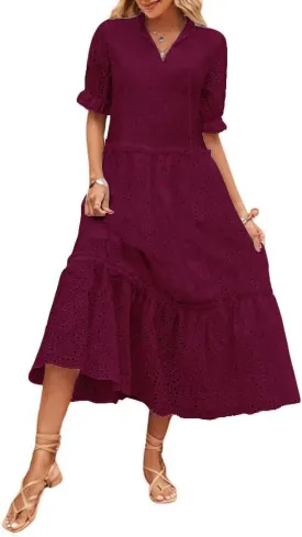 chouyatou Women's Summer Boho Embroidery Eyelet Dress V-Neck Collared Tiered Midi Tunic Dress