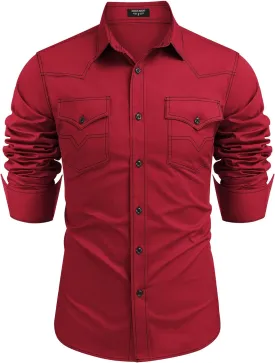 COOFANDY Men's Western Cowboy Shirts Long Sleeve Cotton Casual Button Down Work Shirt with Pockets