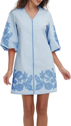 D-Sun Women Mini Dress Summer 3/4 Puff Sleeves Embroidery Floral Tunic Mini Dress V Neck Loose Zip Party Dresses