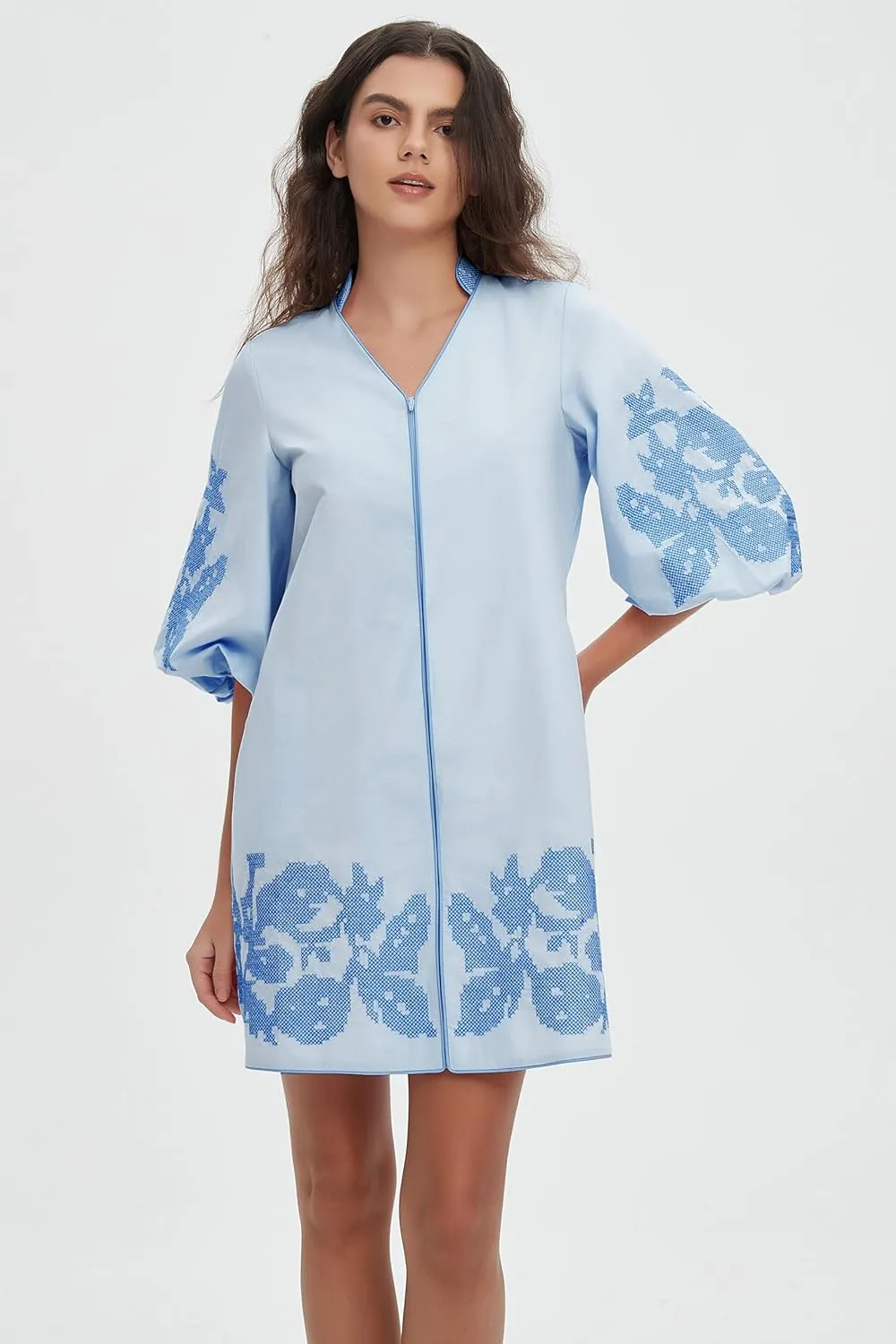 D-Sun Women Mini Dress Summer 3/4 Puff Sleeves Embroidery Floral Tunic Mini Dress V Neck Loose Zip Party Dresses