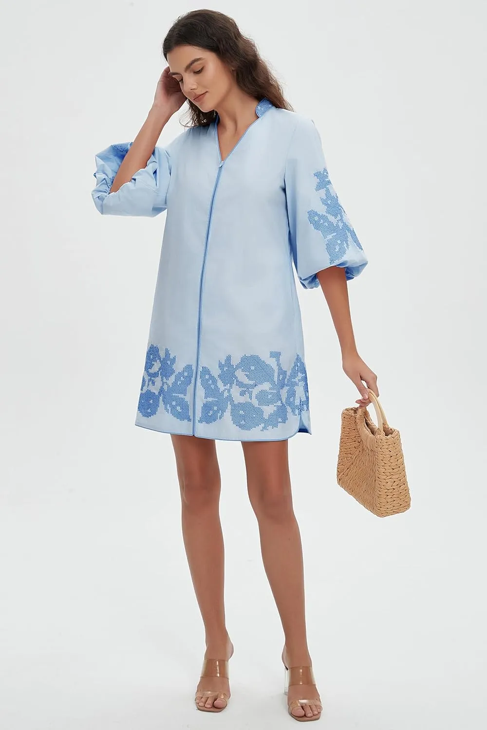 D-Sun Women Mini Dress Summer 3/4 Puff Sleeves Embroidery Floral Tunic Mini Dress V Neck Loose Zip Party Dresses