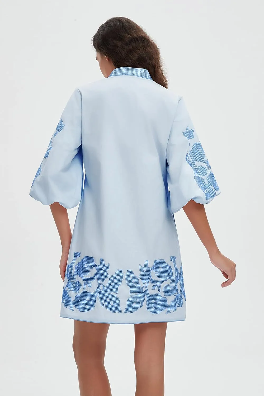 D-Sun Women Mini Dress Summer 3/4 Puff Sleeves Embroidery Floral Tunic Mini Dress V Neck Loose Zip Party Dresses
