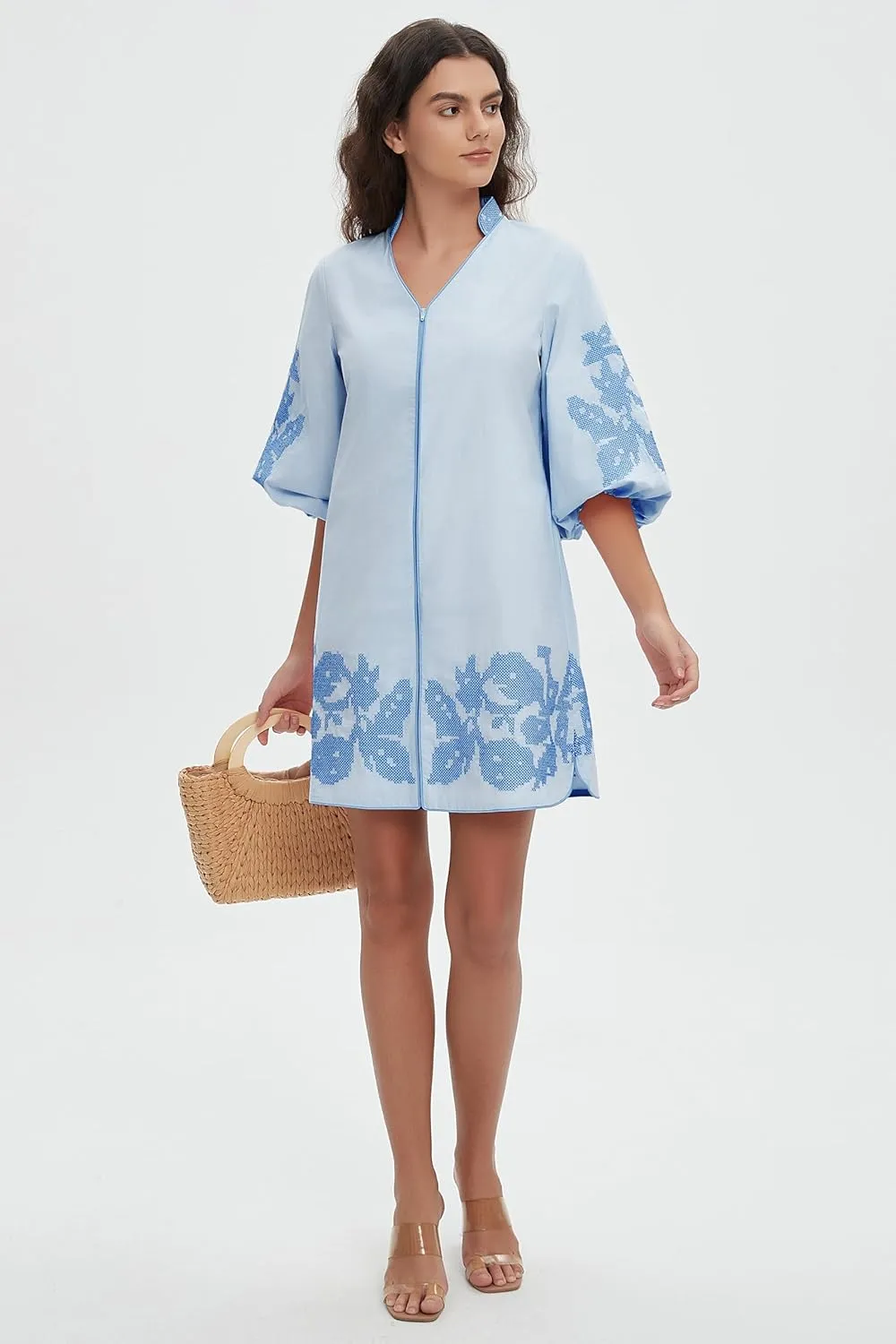 D-Sun Women Mini Dress Summer 3/4 Puff Sleeves Embroidery Floral Tunic Mini Dress V Neck Loose Zip Party Dresses