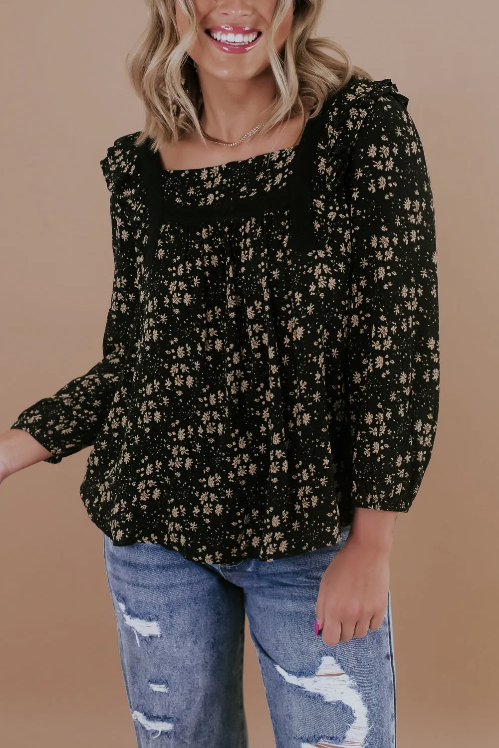 Ditsy Floral Square Neck Top, Black