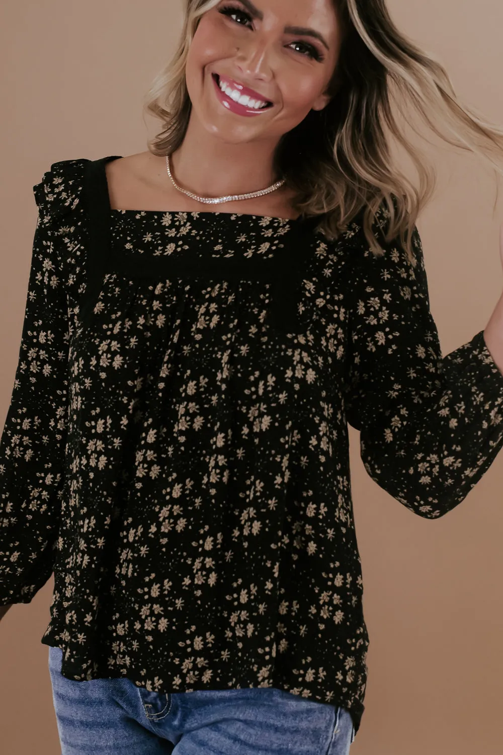 Ditsy Floral Square Neck Top, Black