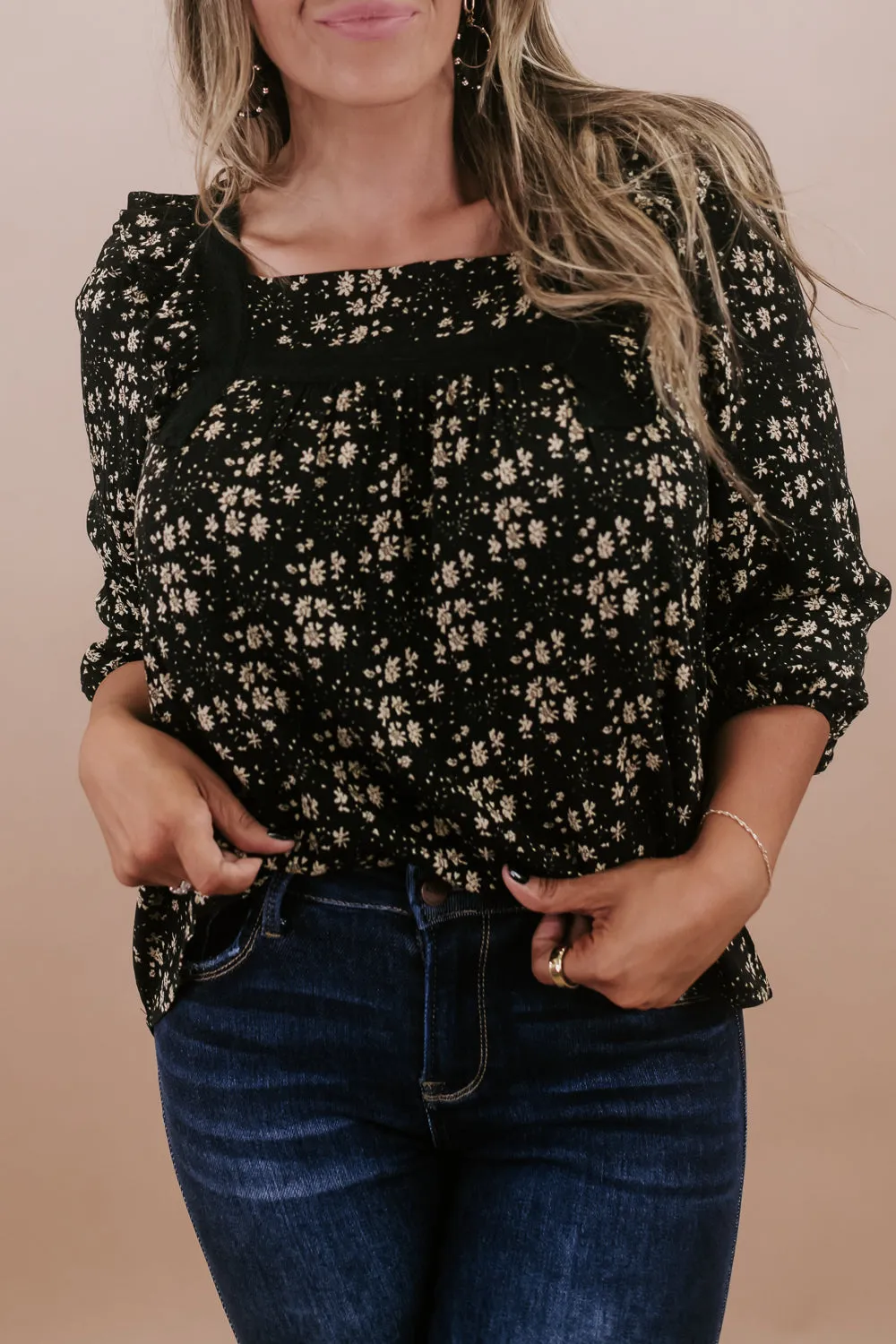 Ditsy Floral Square Neck Top, Black