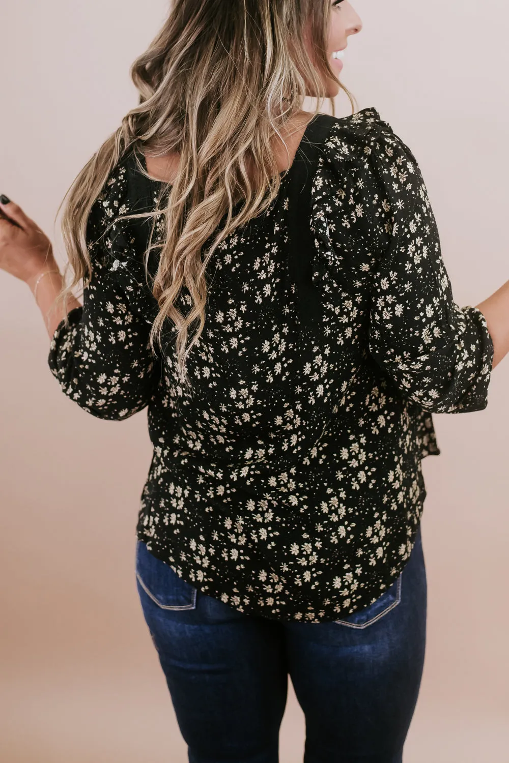 Ditsy Floral Square Neck Top, Black