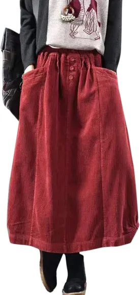 Flygo Women's Vintage Corduroy A-Line Pleated Long Midi Skirt with Pockets
