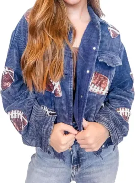 happlan Football Sequin Embroidery Rugby Cropped Frayed Hem Vintage Washed Corduroy Jacket Coat Shacket for Women