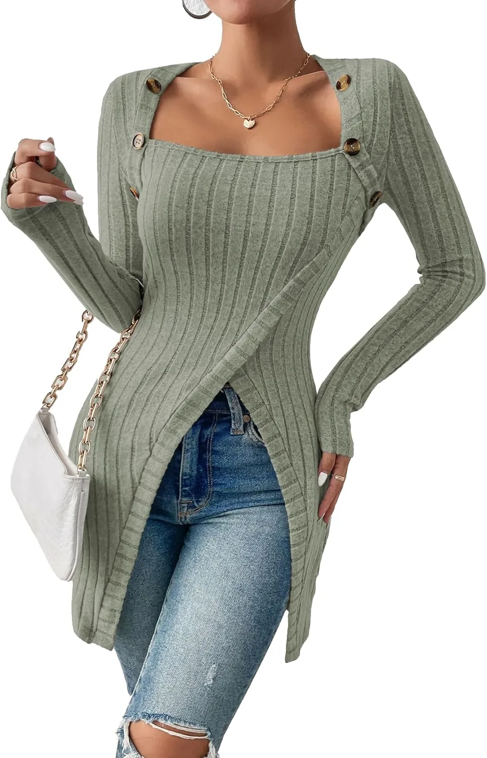 HBQ Womens Pullover Sweaters Tunic Tops to Wear With Leggings Square Neck Ribbed Knit Long Sleeve Shirts