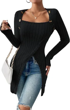 HBQ Womens Pullover Sweaters Tunic Tops to Wear With Leggings Square Neck Ribbed Knit Long Sleeve Shirts