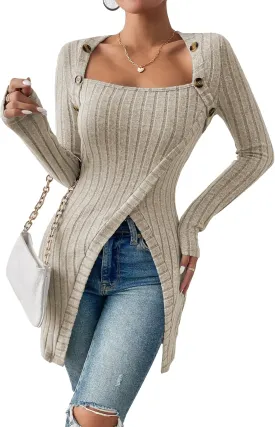 HBQ Womens Pullover Sweaters Tunic Tops to Wear With Leggings Square Neck Ribbed Knit Long Sleeve Shirts