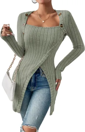 HBQ Womens Pullover Sweaters Tunic Tops to Wear With Leggings Square Neck Ribbed Knit Long Sleeve Shirts