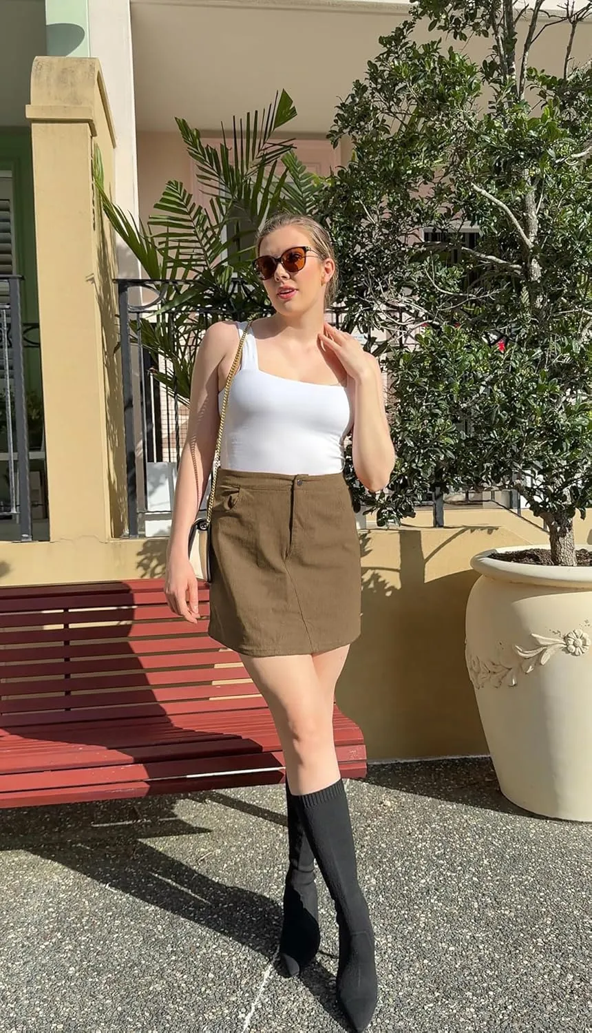 Kate Kasin Women Corduroy Skirt Mini Pencil Skirt Elastic High Waist Skirt with Pockets 2025