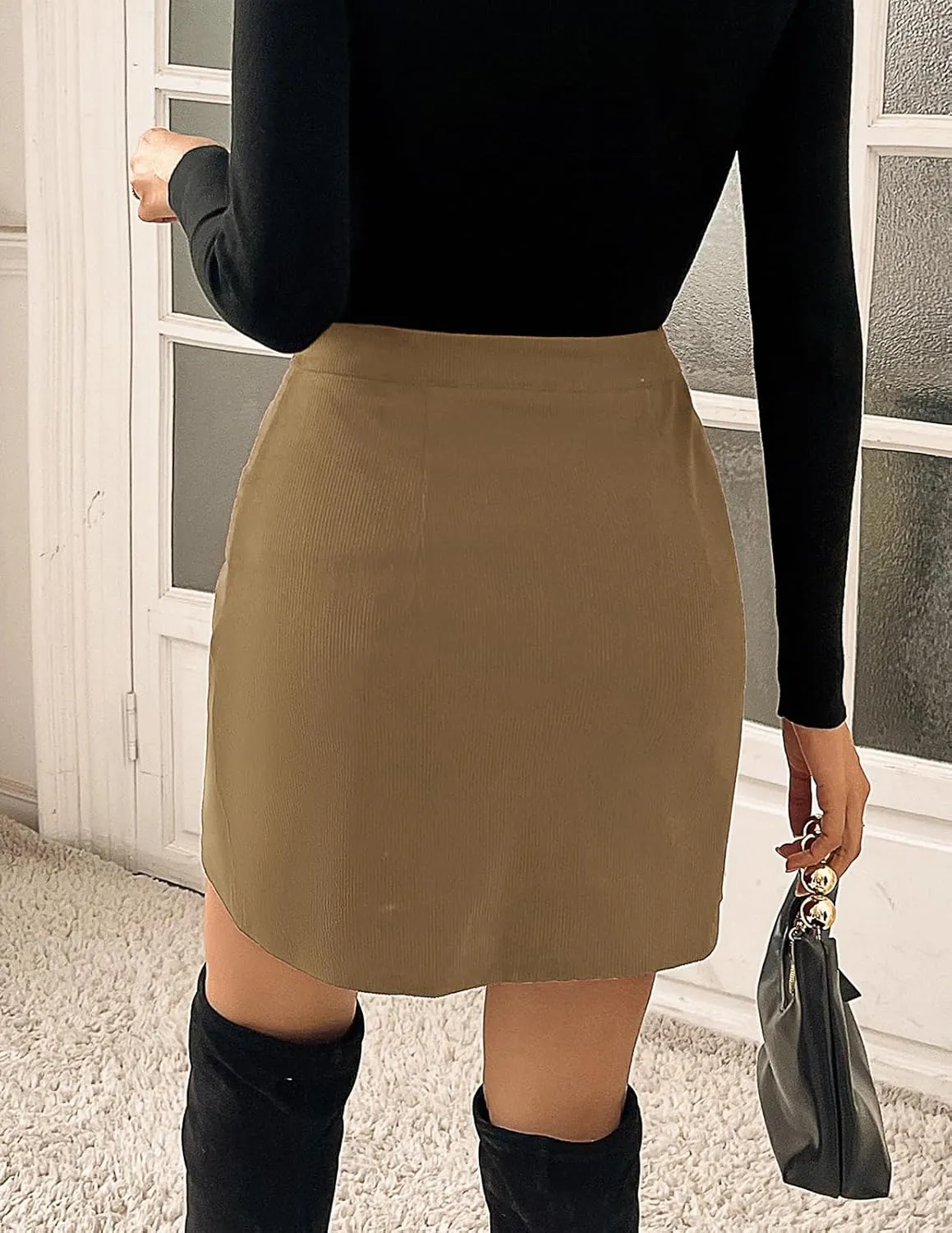 Kate Kasin Women Corduroy Skirt Mini Pencil Skirt Elastic High Waist Skirt with Pockets 2025