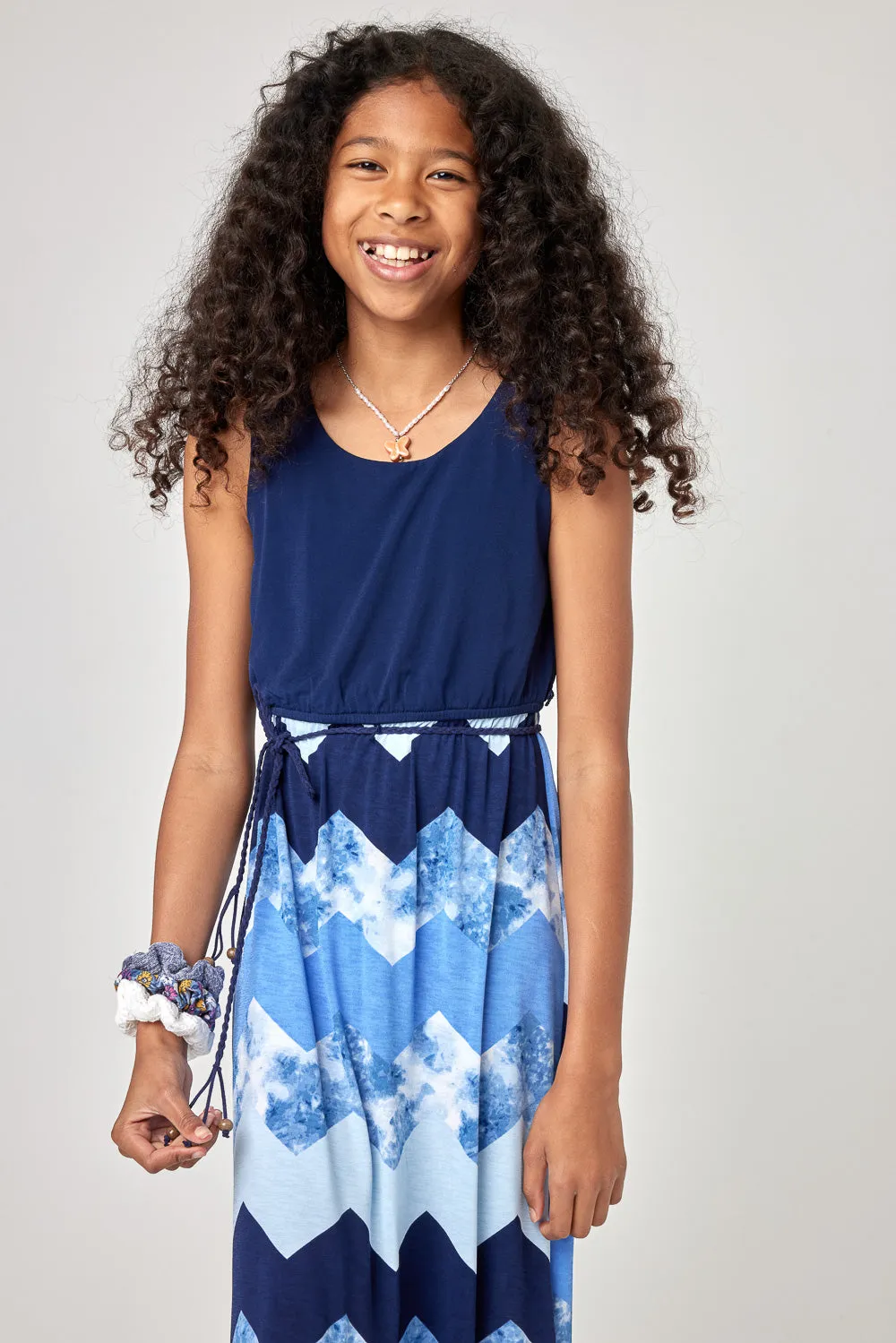 Kids Navy Zigzag Maxi Dress