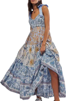 KMBANGI Women Boho Smocked Maxi Dress Tie Shoulder Y2k Floral Flowy Long Dress Swing Sleeveless Spaghetti Strap Sundress