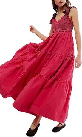 KMBANGI Women Boho Smocked Maxi Dress Tie Shoulder Y2k Floral Flowy Long Dress Swing Sleeveless Spaghetti Strap Sundress