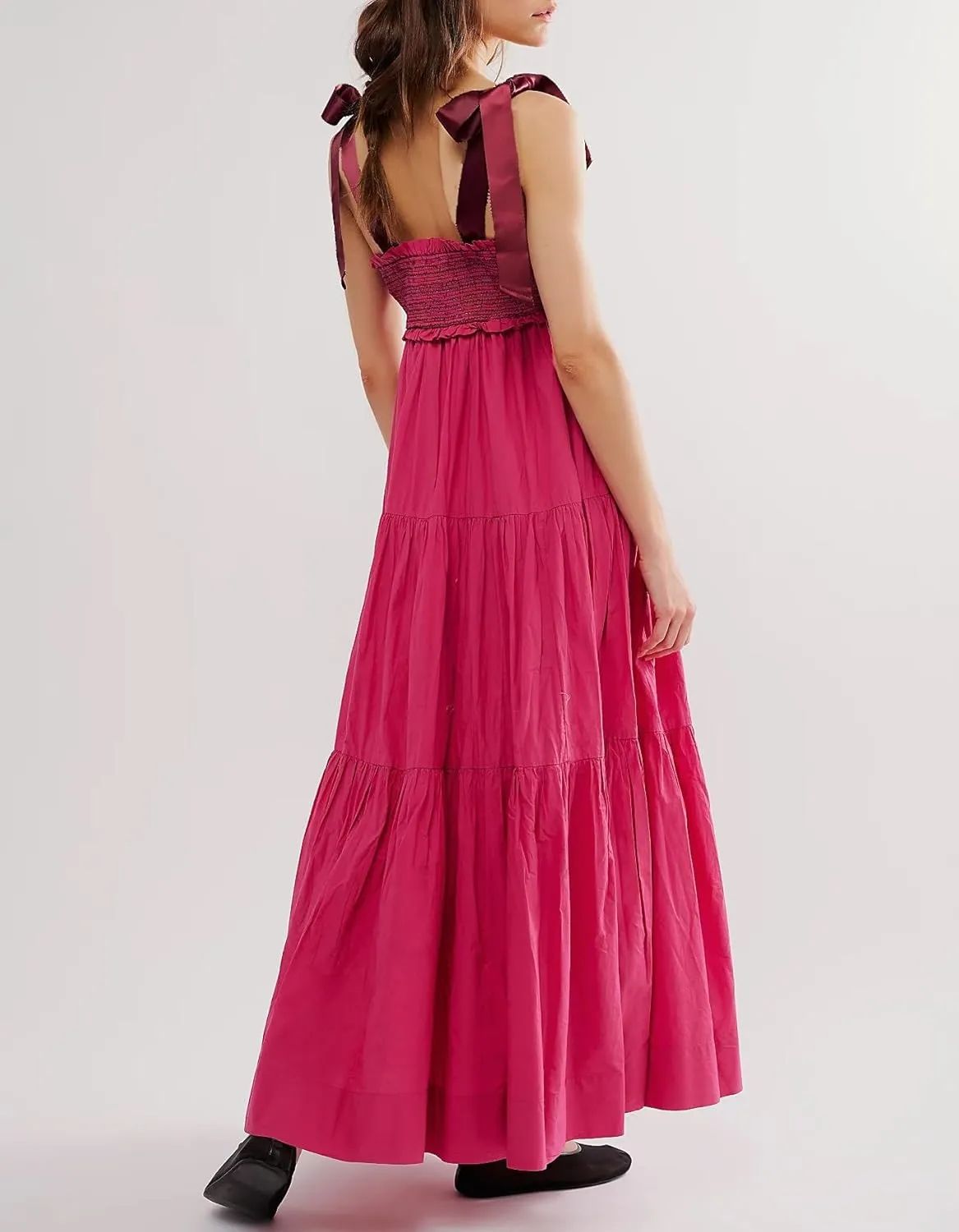 KMBANGI Women Boho Smocked Maxi Dress Tie Shoulder Y2k Floral Flowy Long Dress Swing Sleeveless Spaghetti Strap Sundress