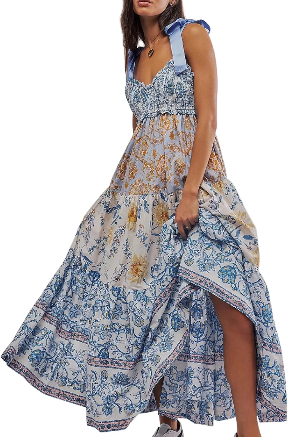 KMBANGI Women Boho Smocked Maxi Dress Tie Shoulder Y2k Floral Flowy Long Dress Swing Sleeveless Spaghetti Strap Sundress