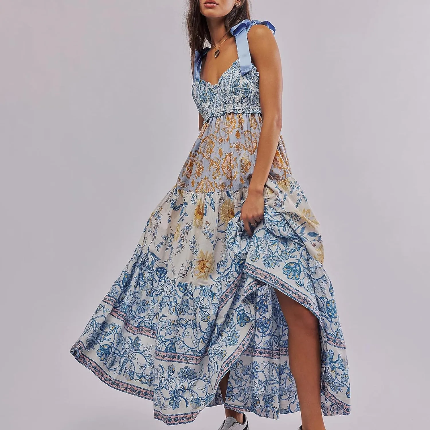 KMBANGI Women Boho Smocked Maxi Dress Tie Shoulder Y2k Floral Flowy Long Dress Swing Sleeveless Spaghetti Strap Sundress
