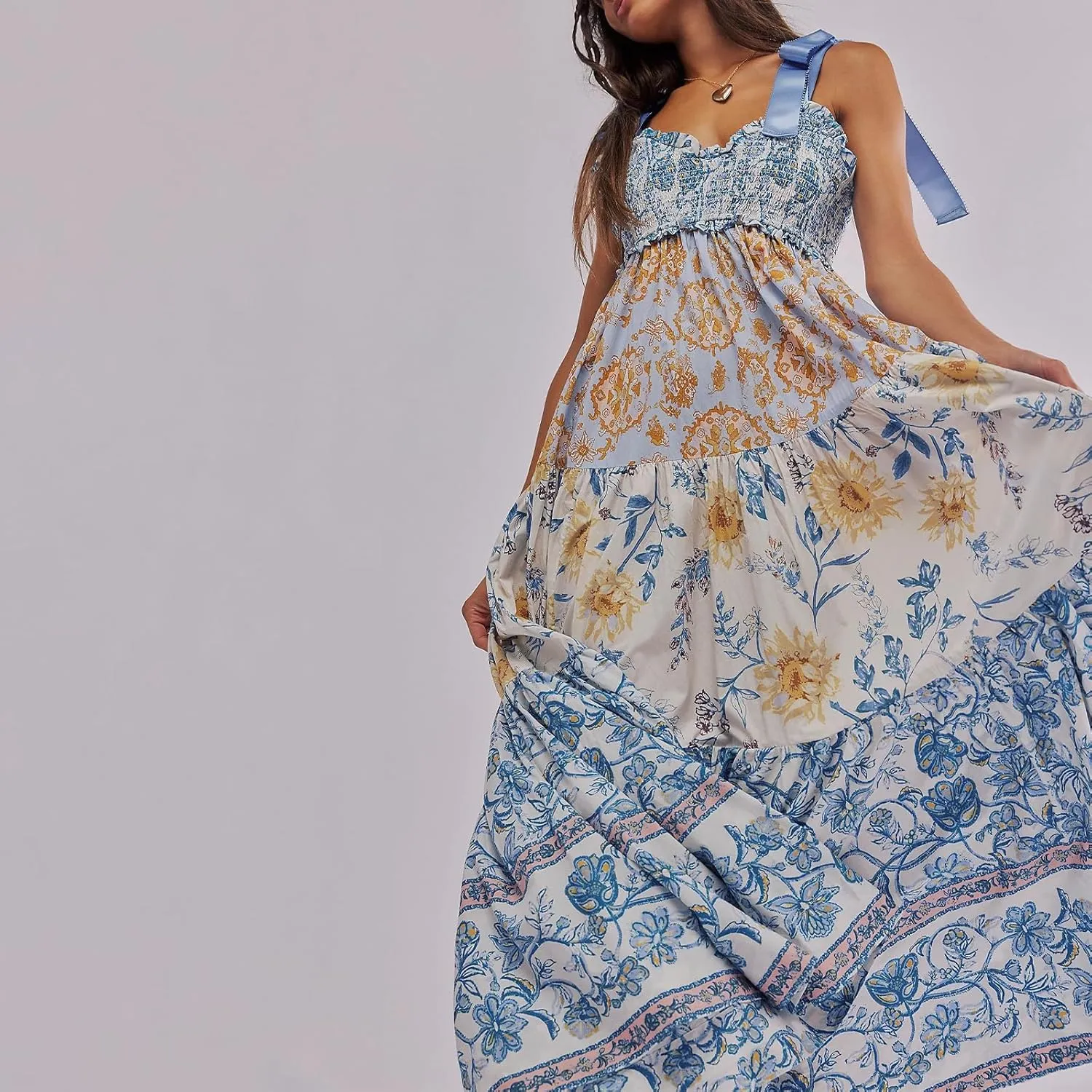 KMBANGI Women Boho Smocked Maxi Dress Tie Shoulder Y2k Floral Flowy Long Dress Swing Sleeveless Spaghetti Strap Sundress