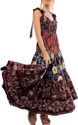 KMBANGI Women Boho Smocked Maxi Dress Tie Shoulder Y2k Floral Flowy Long Dress Swing Sleeveless Spaghetti Strap Sundress