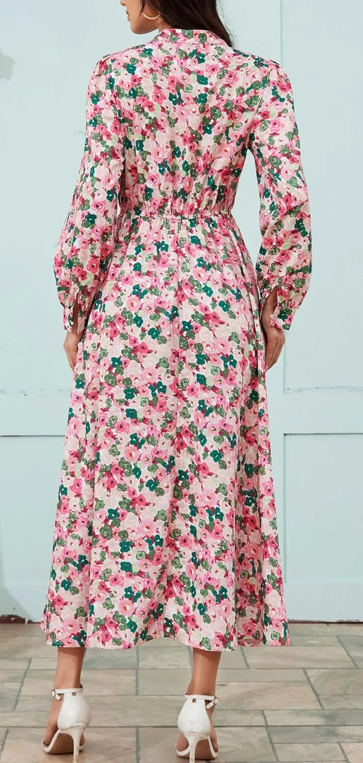Kormei Women V Neck Tie Long Sleeve Boho Floral Fall Dress Wedding Guest Casual Maxi Long Cocktail Dress
