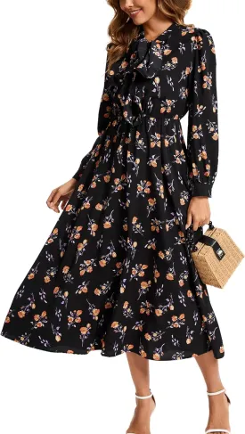Kormei Women V Neck Tie Long Sleeve Boho Floral Fall Dress Wedding Guest Casual Maxi Long Cocktail Dress