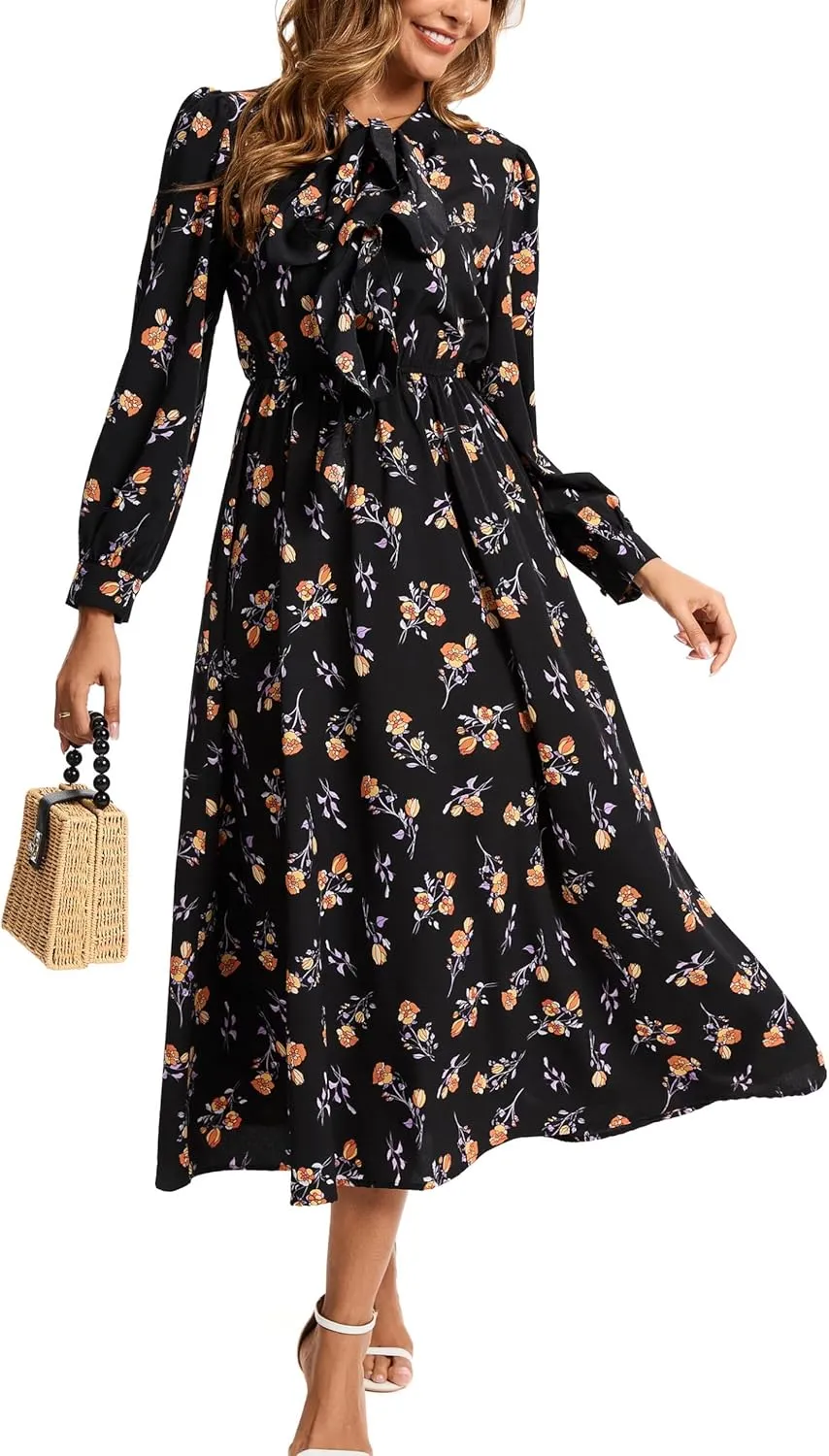 Kormei Women V Neck Tie Long Sleeve Boho Floral Fall Dress Wedding Guest Casual Maxi Long Cocktail Dress