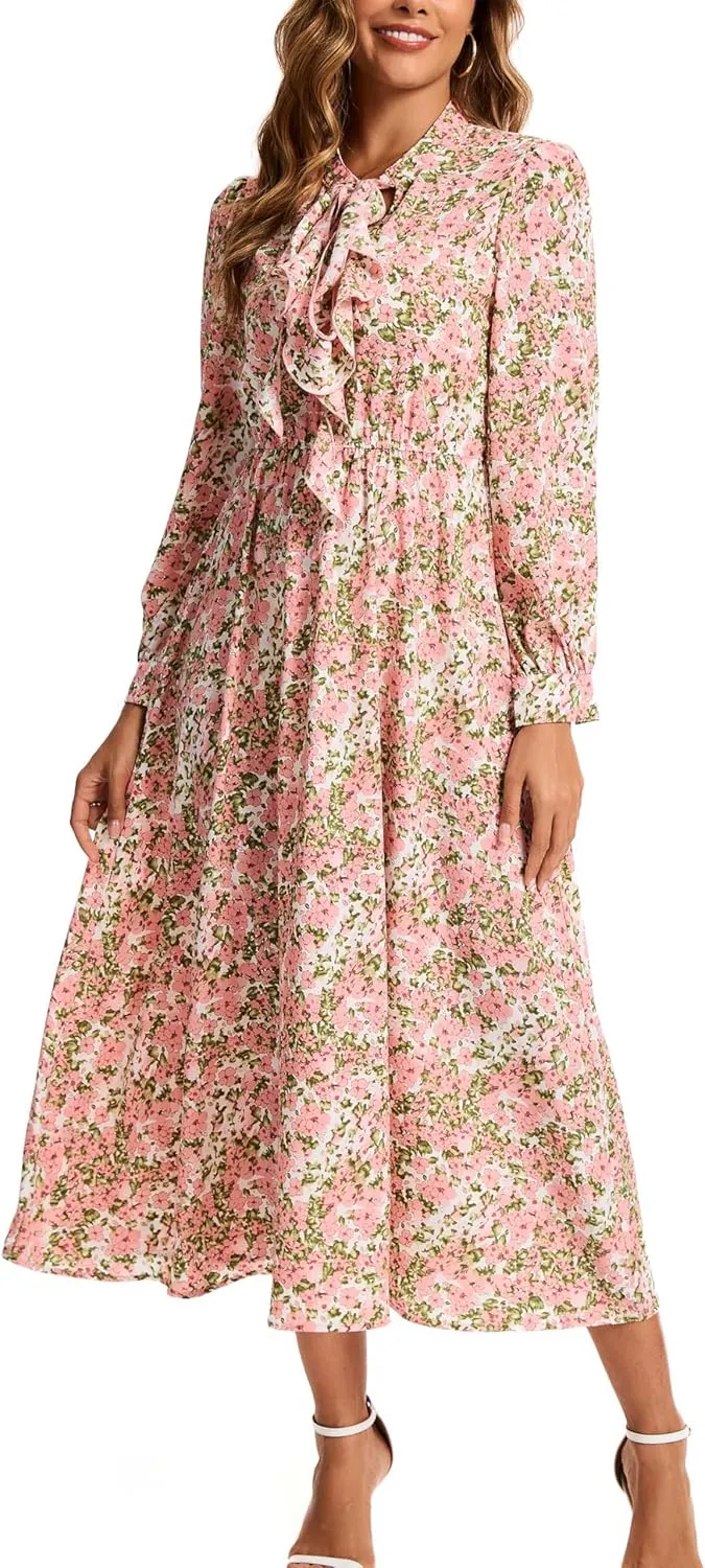 Kormei Women V Neck Tie Long Sleeve Boho Floral Fall Dress Wedding Guest Casual Maxi Long Cocktail Dress