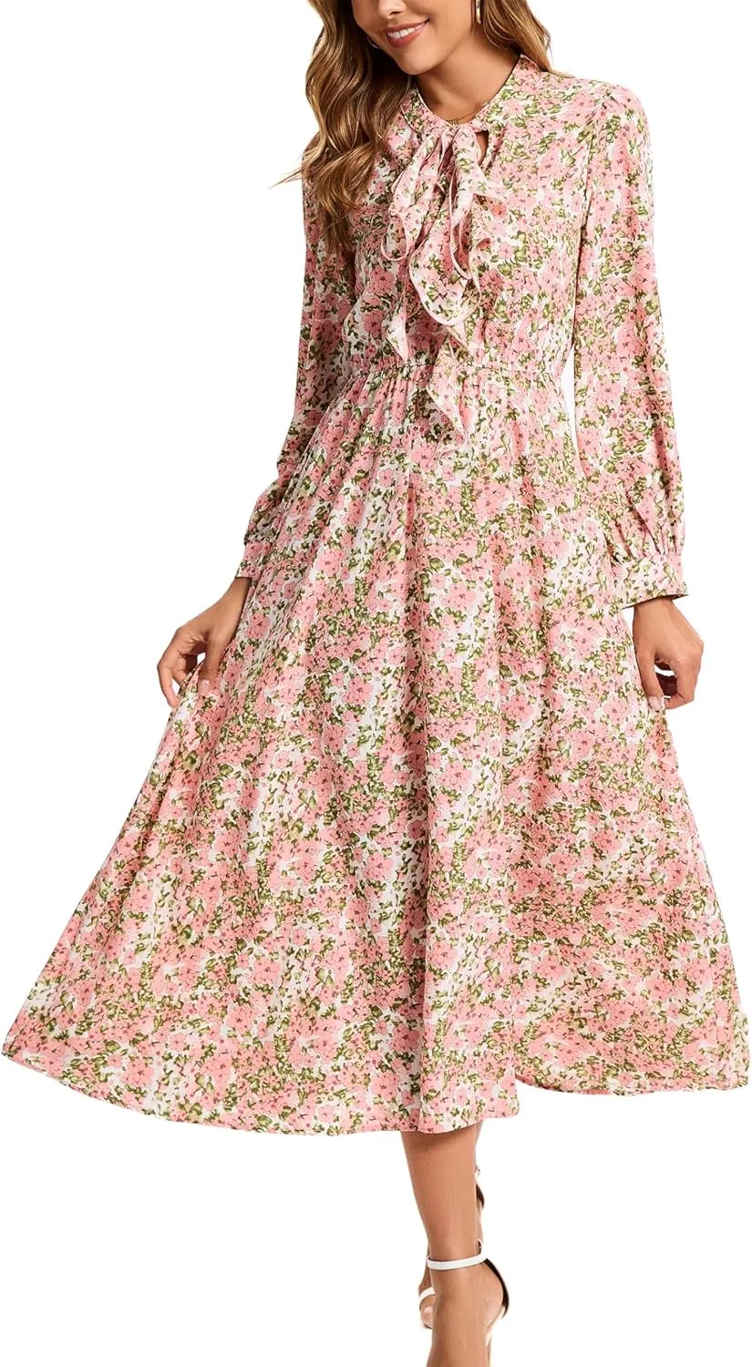 Kormei Women V Neck Tie Long Sleeve Boho Floral Fall Dress Wedding Guest Casual Maxi Long Cocktail Dress