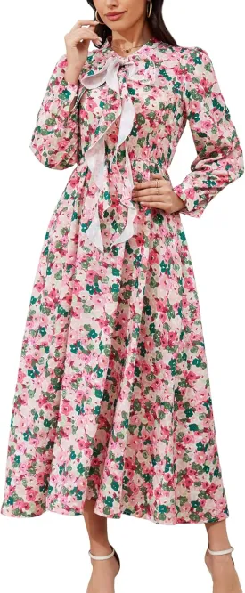 Kormei Women V Neck Tie Long Sleeve Boho Floral Fall Dress Wedding Guest Casual Maxi Long Cocktail Dress